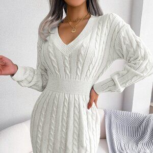 Cable-Knit V-Neck Mini Sweater Dress